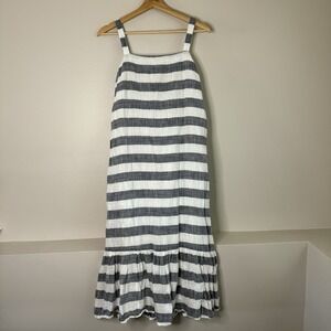 Chelsea & Theodore Dress Womens XS Blue White Striped Ruffle Hem Square Neck EUC